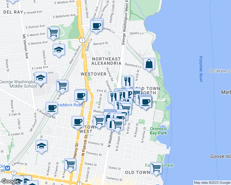 map of restaurants, bars, coffee shops, grocery stores, and more near 952 North Washington Street in Alexandria