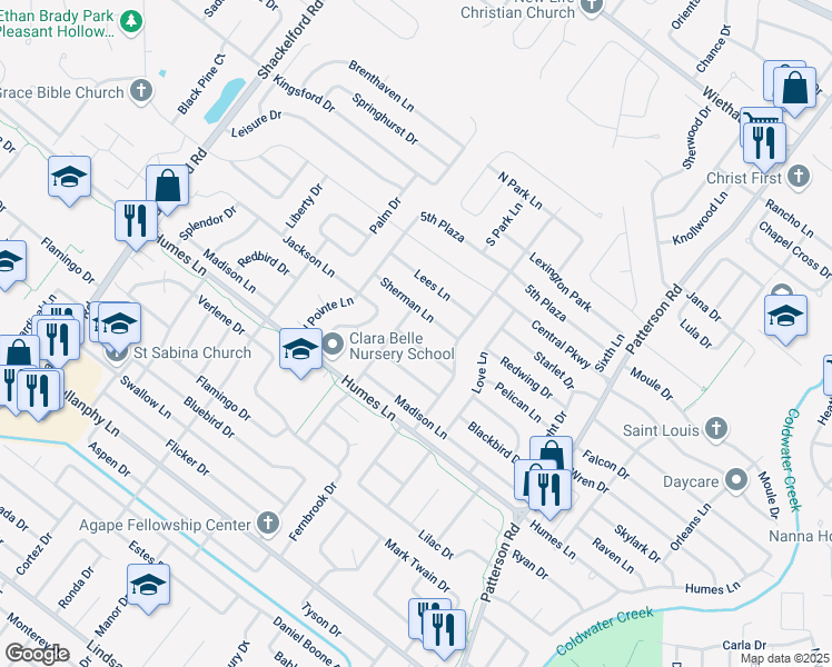 map of restaurants, bars, coffee shops, grocery stores, and more near 1075 Jackson Lane in Florissant