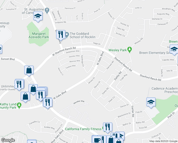 map of restaurants, bars, coffee shops, grocery stores, and more near 5641 Saratoga Circle in Rocklin