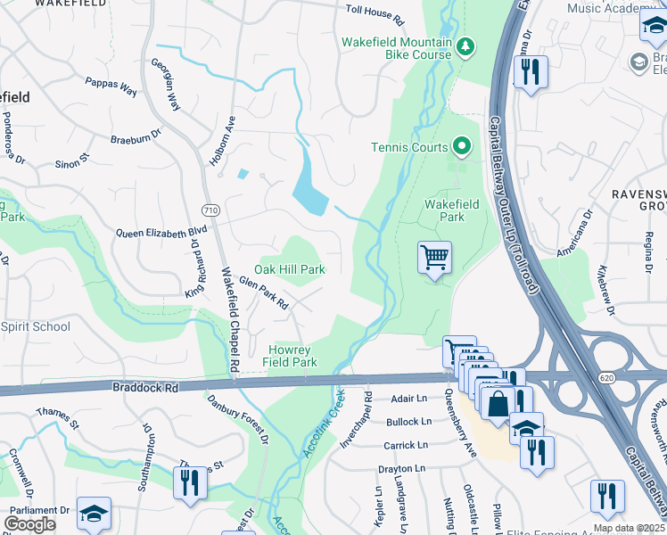map of restaurants, bars, coffee shops, grocery stores, and more near 8323 Queen Elizabeth Boulevard in Annandale