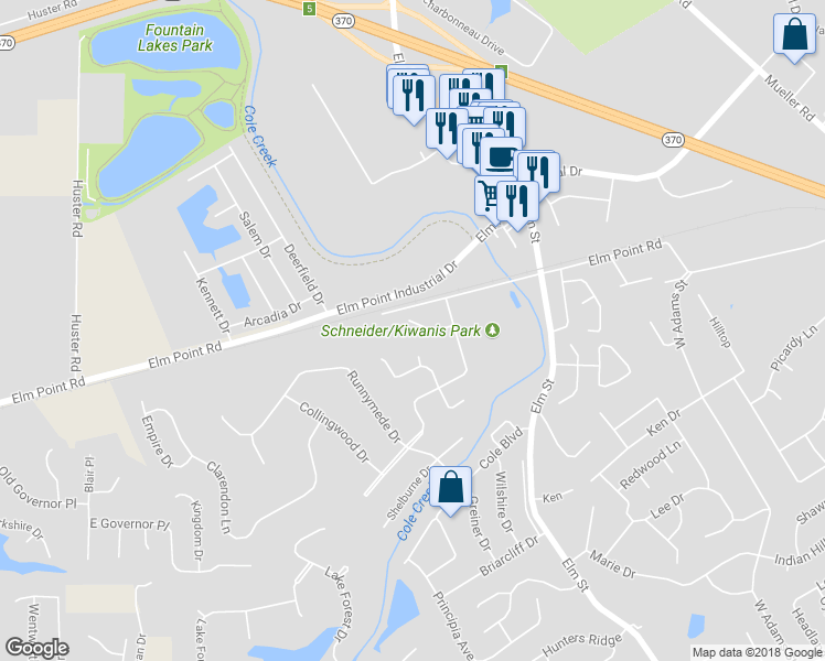 map of restaurants, bars, coffee shops, grocery stores, and more near 16 Ashbourne Way in Saint Charles