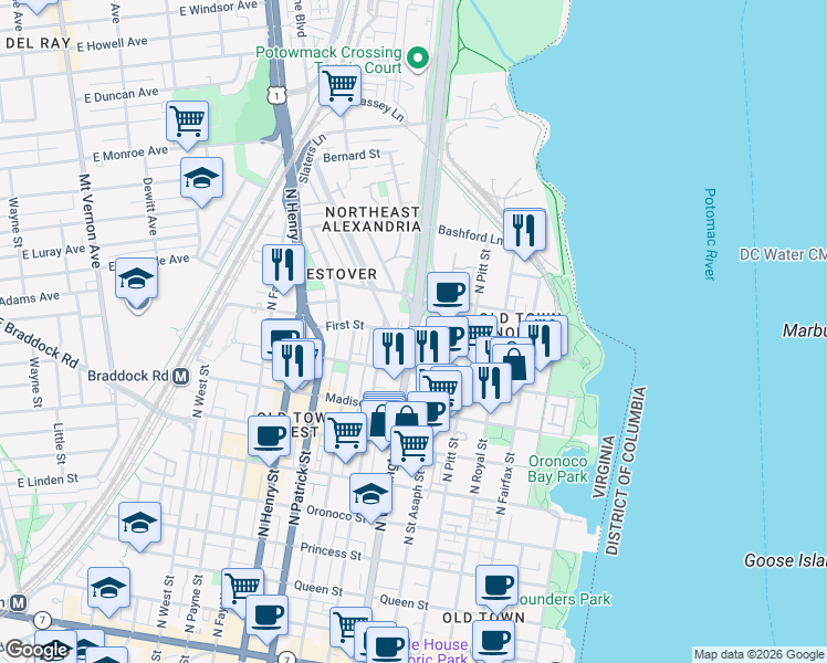 map of restaurants, bars, coffee shops, grocery stores, and more near 700 George Washington Memorial Parkway in Alexandria