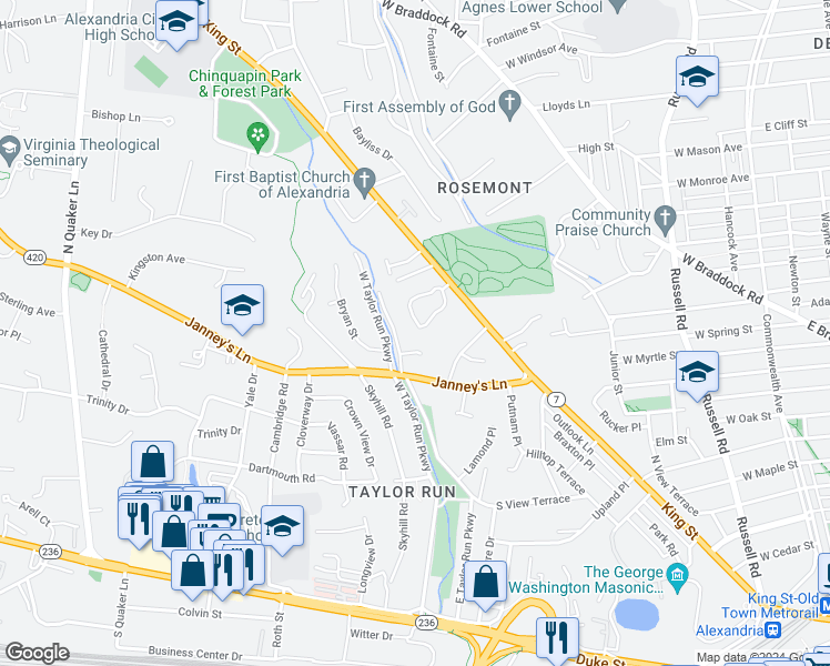 map of restaurants, bars, coffee shops, grocery stores, and more near 622 Kings Cloister Circle in Alexandria