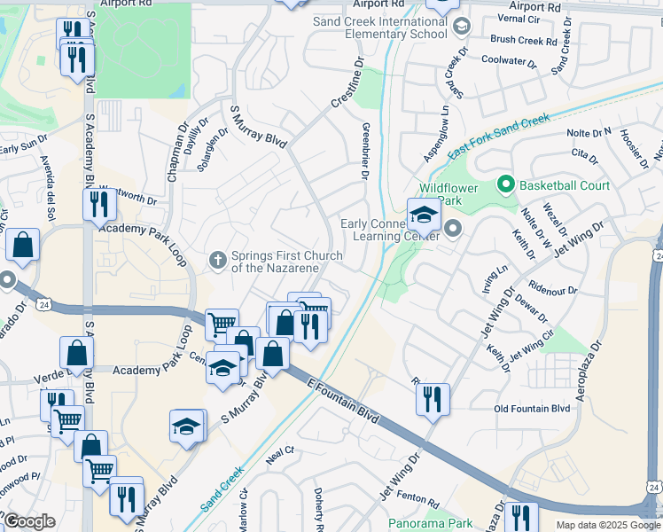 map of restaurants, bars, coffee shops, grocery stores, and more near 1355 Sandpiper Drive in Colorado Springs