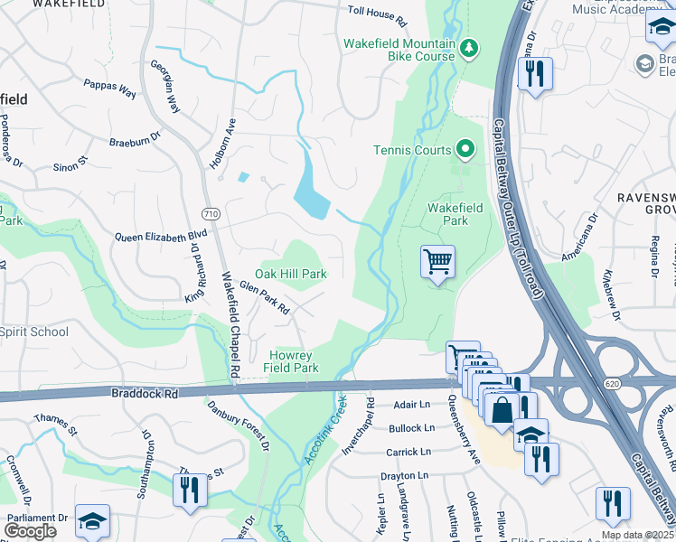 map of restaurants, bars, coffee shops, grocery stores, and more near 8323 Queen Elizabeth Boulevard in Annandale