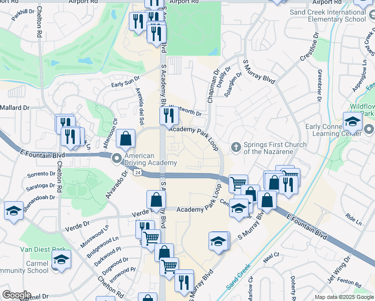 map of restaurants, bars, coffee shops, grocery stores, and more near 1334-1398 Inverness Rd in Colorado Springs