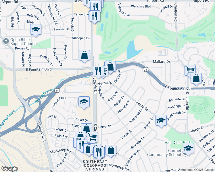 map of restaurants, bars, coffee shops, grocery stores, and more near 1127 Verde Drive in Colorado Springs