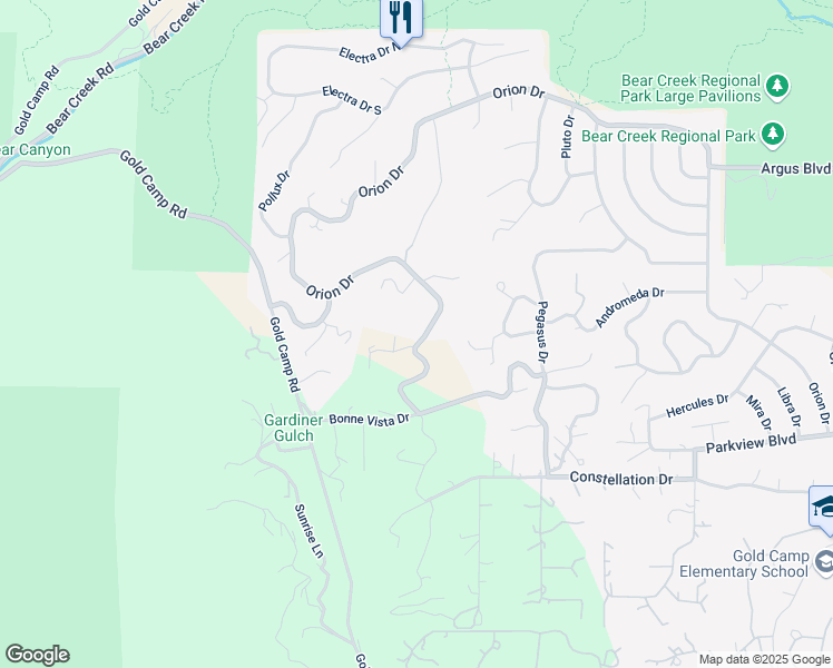 map of restaurants, bars, coffee shops, grocery stores, and more near 612 Vista Grande Drive in Colorado Springs