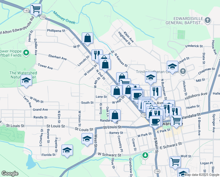 map of restaurants, bars, coffee shops, grocery stores, and more near 205 West Dunn Street in Edwardsville