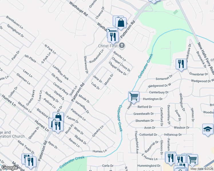 map of restaurants, bars, coffee shops, grocery stores, and more near 2720 Morris Drive in Florissant