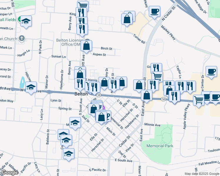 map of restaurants, bars, coffee shops, grocery stores, and more near 111 North Chestnut Street in Belton