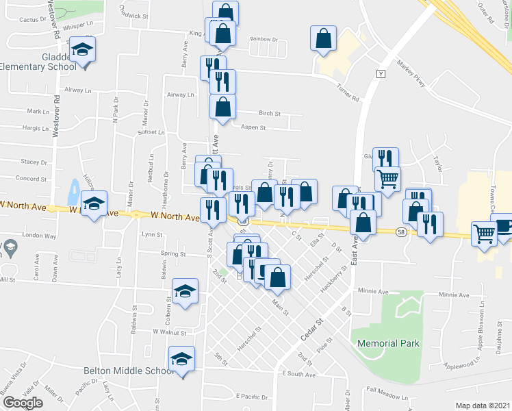 map of restaurants, bars, coffee shops, grocery stores, and more near 108 Sunny Drive in Belton