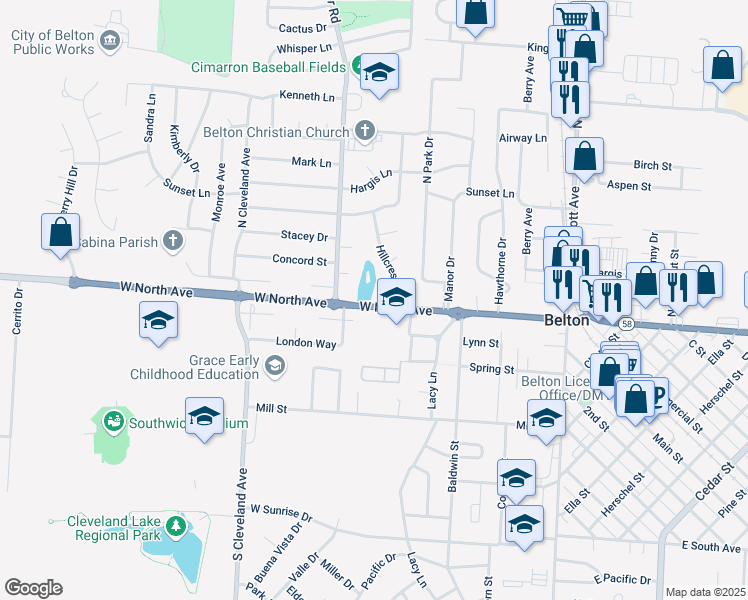 map of restaurants, bars, coffee shops, grocery stores, and more near 404 West North Avenue in Belton