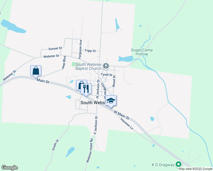map of restaurants, bars, coffee shops, grocery stores, and more near 1007 Webster Street in South Webster