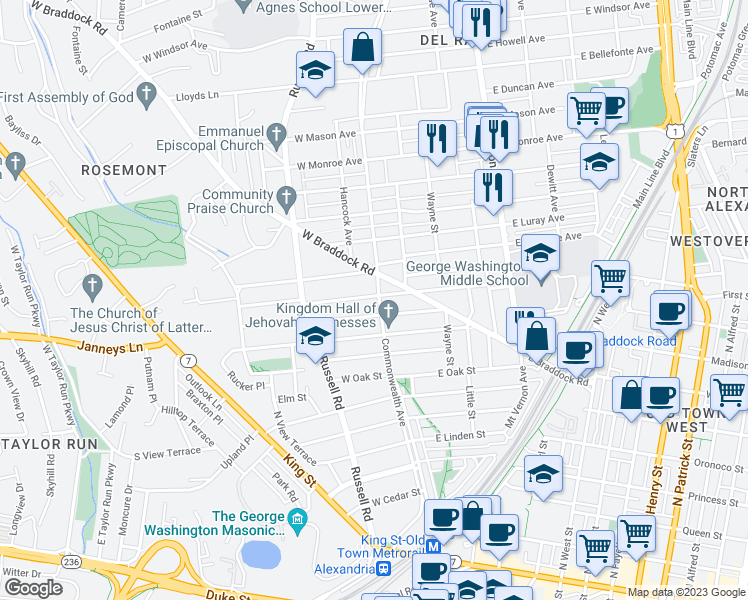 map of restaurants, bars, coffee shops, grocery stores, and more near 906 Commonwealth Avenue in Alexandria