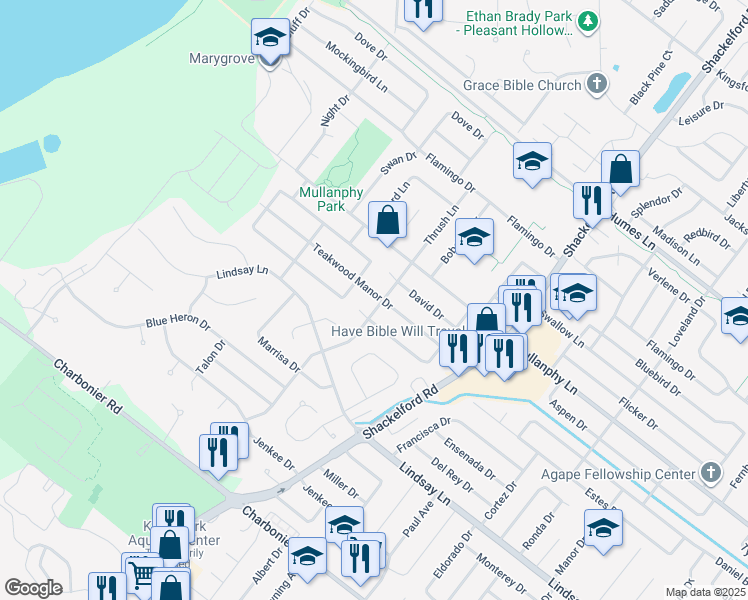 map of restaurants, bars, coffee shops, grocery stores, and more near 2240 Teakwood Manor Drive in Florissant
