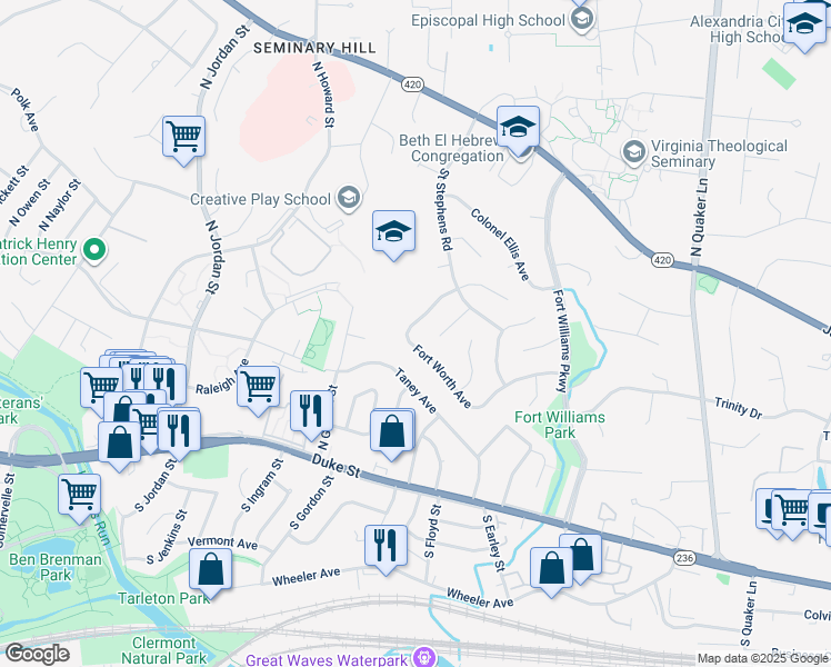 map of restaurants, bars, coffee shops, grocery stores, and more near 4001 Fort Worth Avenue in Alexandria