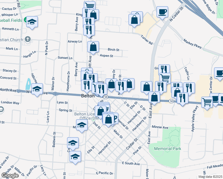 map of restaurants, bars, coffee shops, grocery stores, and more near 108 Sunny Drive in Belton