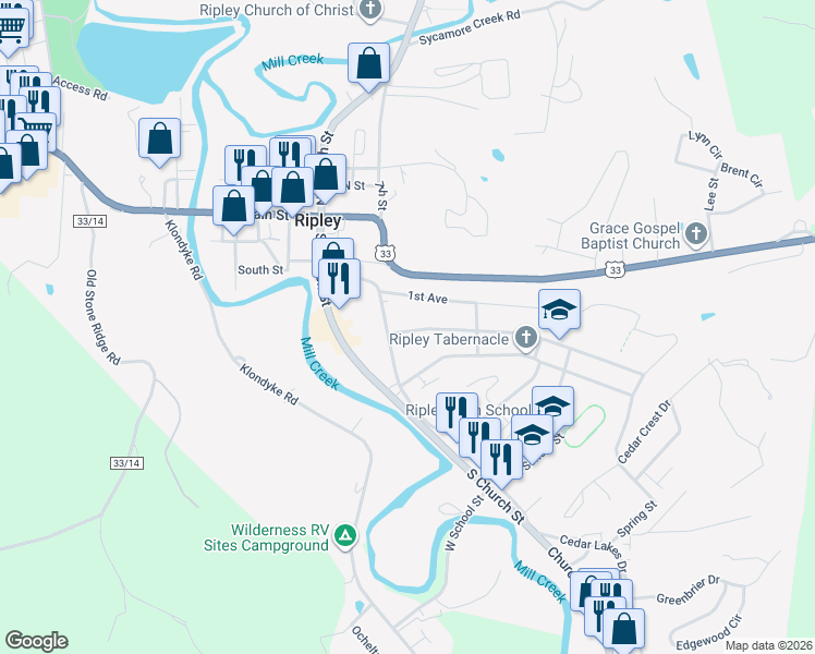 map of restaurants, bars, coffee shops, grocery stores, and more near 218 2nd Avenue in Ripley