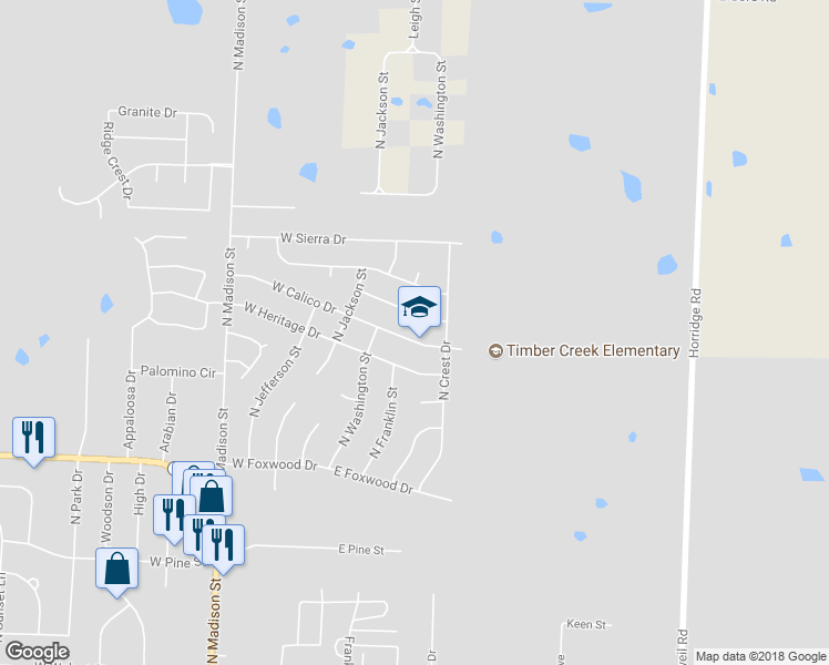 map of restaurants, bars, coffee shops, grocery stores, and more near 116 East Calico Drive in Raymore