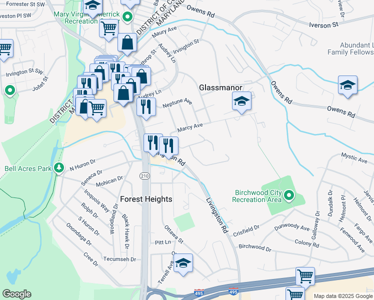 map of restaurants, bars, coffee shops, grocery stores, and more near 5512 Livingston Terrace in Oxon Hill