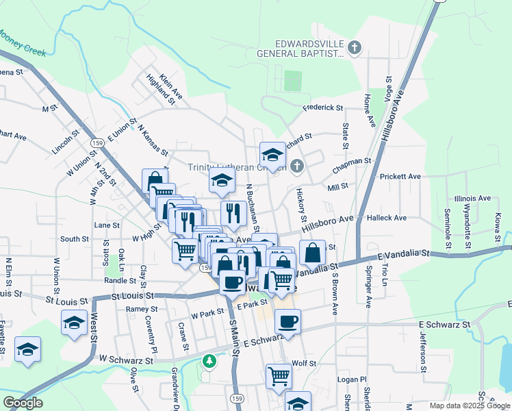 map of restaurants, bars, coffee shops, grocery stores, and more near 308 North Buchanan Street in Edwardsville