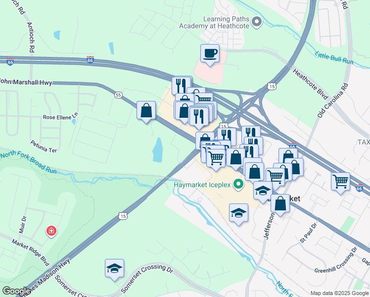 map of restaurants, bars, coffee shops, grocery stores, and more near 6371 John James Way in Haymarket