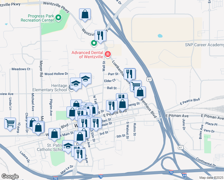 map of restaurants, bars, coffee shops, grocery stores, and more near 612 Ball Street in Wentzville