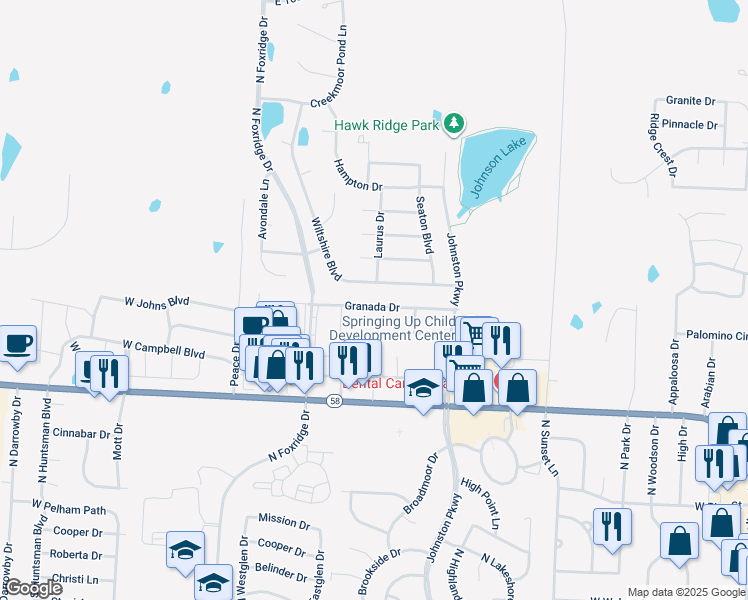 map of restaurants, bars, coffee shops, grocery stores, and more near 1108 Granada Drive in Raymore