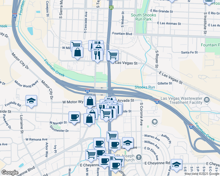 map of restaurants, bars, coffee shops, grocery stores, and more near Vietnam Veterans Memorial Highway in Colorado Springs