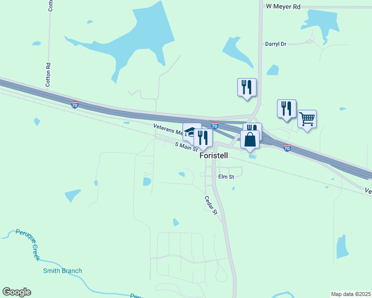 map of restaurants, bars, coffee shops, grocery stores, and more near 136 South Main Street in Foristell