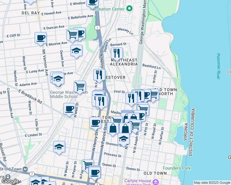 map of restaurants, bars, coffee shops, grocery stores, and more near 910 First Street in Alexandria