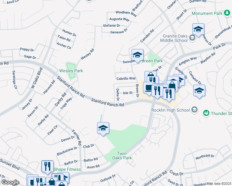 map of restaurants, bars, coffee shops, grocery stores, and more near 5319 Delta Drive in Rocklin