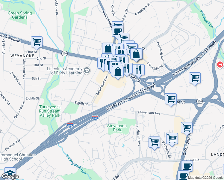 map of restaurants, bars, coffee shops, grocery stores, and more near 6200 Lachine Lane in Lincolnia