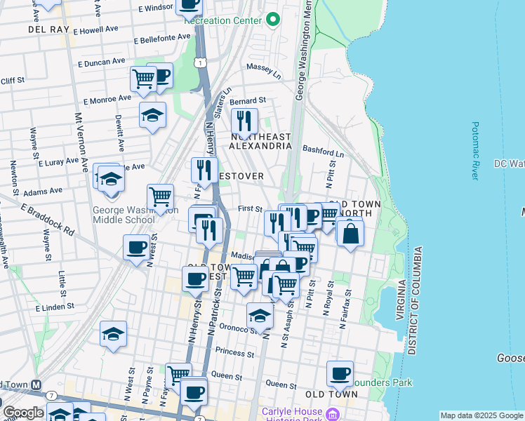 map of restaurants, bars, coffee shops, grocery stores, and more near 828 First Street in Alexandria