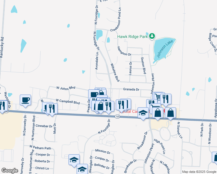 map of restaurants, bars, coffee shops, grocery stores, and more near 1220 Granada Drive in Raymore
