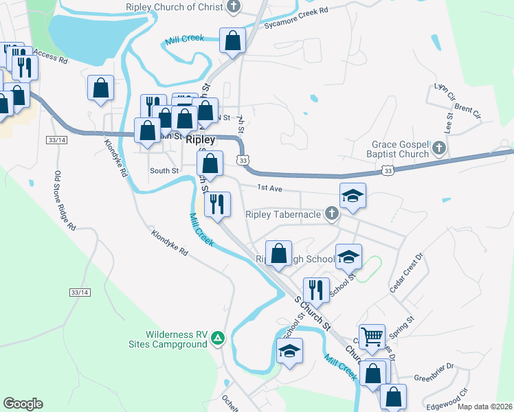 map of restaurants, bars, coffee shops, grocery stores, and more near 218 2nd Avenue in Ripley