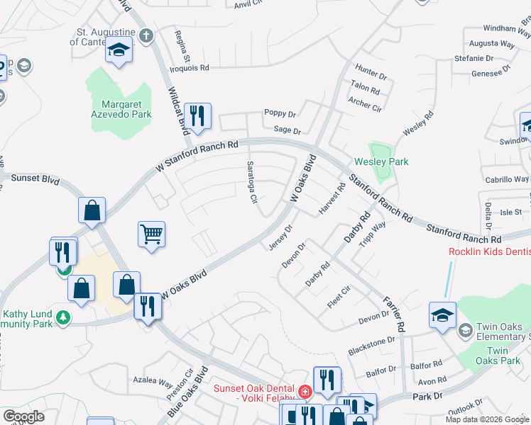 map of restaurants, bars, coffee shops, grocery stores, and more near 5629 Saratoga Circle in Rocklin