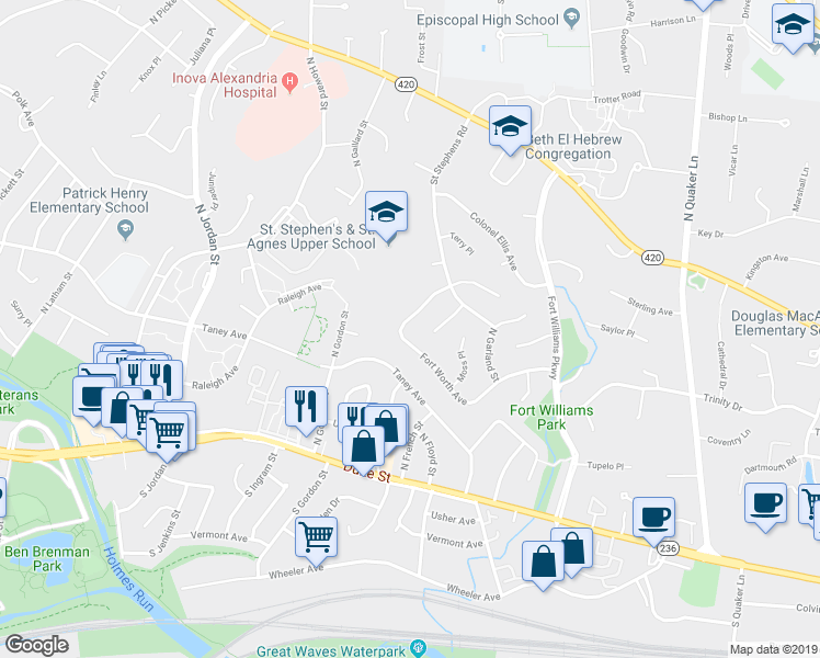 map of restaurants, bars, coffee shops, grocery stores, and more near 4001 Fort Worth Avenue in Alexandria