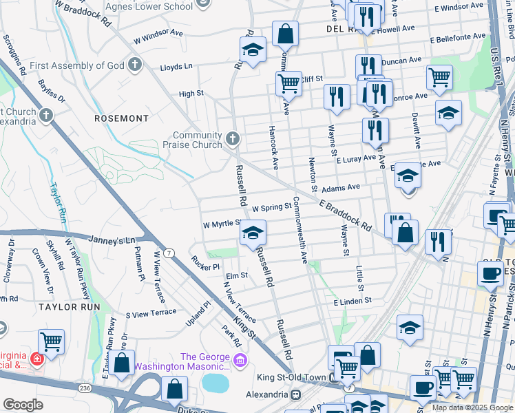 map of restaurants, bars, coffee shops, grocery stores, and more near 25 West Spring Street in Alexandria