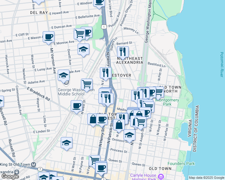 map of restaurants, bars, coffee shops, grocery stores, and more near 931 North Patrick Street in Alexandria