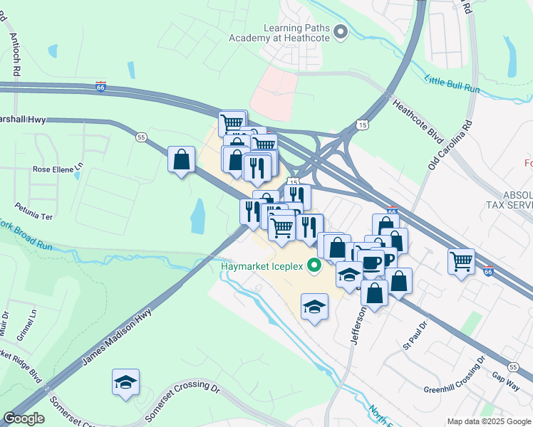 map of restaurants, bars, coffee shops, grocery stores, and more near Virginia 55 in Haymarket