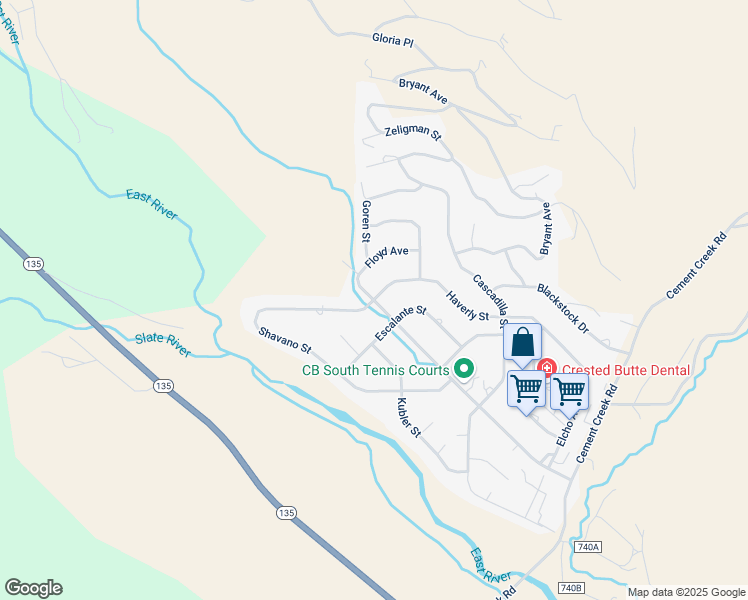map of restaurants, bars, coffee shops, grocery stores, and more near 630 Teocalli Road in Crested Butte