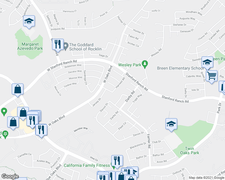 map of restaurants, bars, coffee shops, grocery stores, and more near 5638 Harvest Road in Rocklin