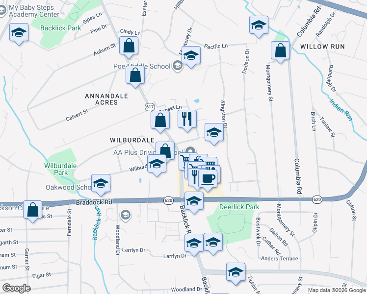 map of restaurants, bars, coffee shops, grocery stores, and more near 5001 Backlick Road in Annandale