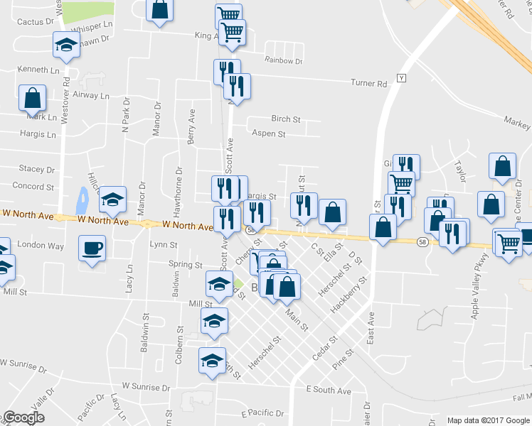 map of restaurants, bars, coffee shops, grocery stores, and more near Shady Lane in Belton