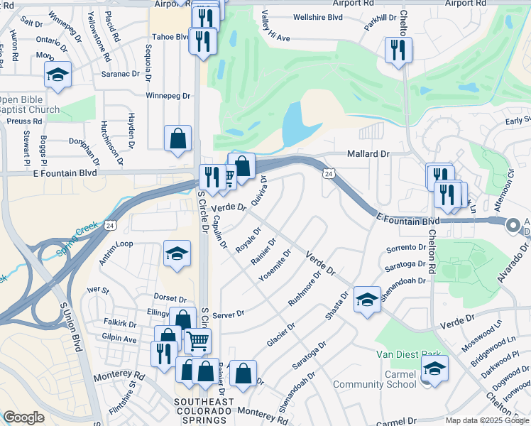 map of restaurants, bars, coffee shops, grocery stores, and more near 1144 Royale Drive in Colorado Springs