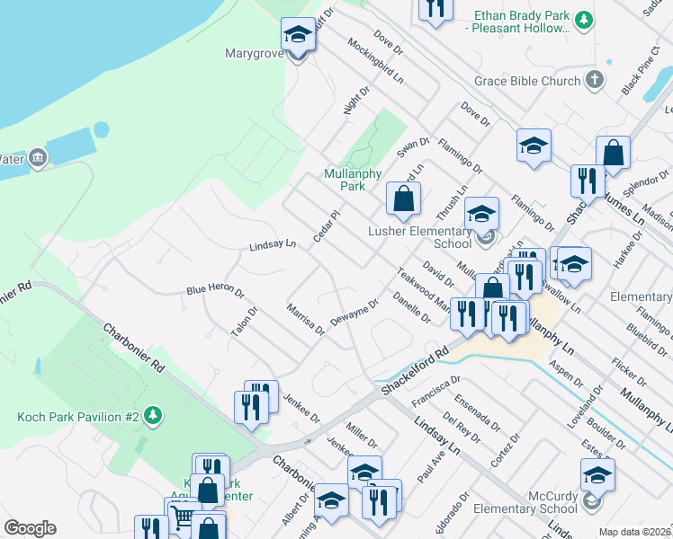 map of restaurants, bars, coffee shops, grocery stores, and more near 2265 Lindsay Lane in Florissant