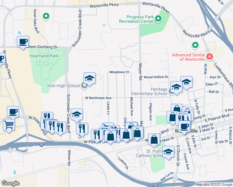 map of restaurants, bars, coffee shops, grocery stores, and more near 603A Kent Drive in Wentzville