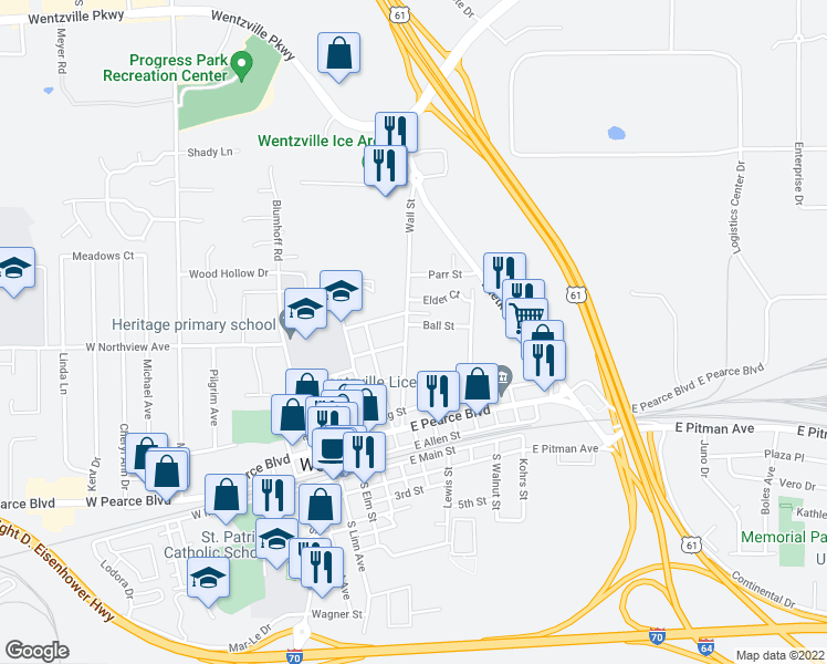 map of restaurants, bars, coffee shops, grocery stores, and more near 508 Wall Street in Wentzville